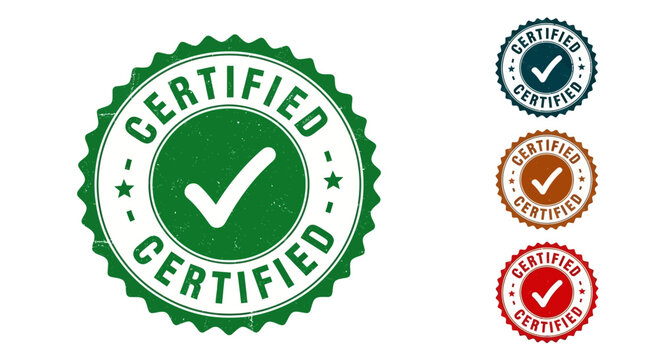 Certified seals with checkmarks in various colors on a transparent background, viewed from directly above, showcasing different certification icons.