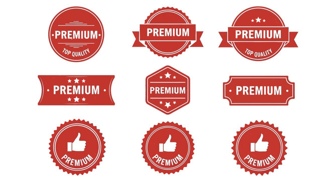 Collection of premium badges and labels featuring thumbs up icons and ribbons in various red designs on a clean white background