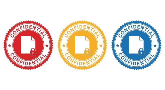 Three colorful confidential stamps with lock icons in red, yellow, and blue, arranged horizontally on a clean surface, viewed from directly above