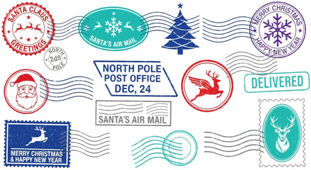 Vintage Christmas Postage Stamps and Mail Icons Set Featuring Santa's Air Mail and Holiday Symbols on White Background © charli