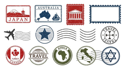 Collection of vintage travel stamps and labels featuring various countries and symbols from around the world displayed on a clean white background viewed from directly above © charli