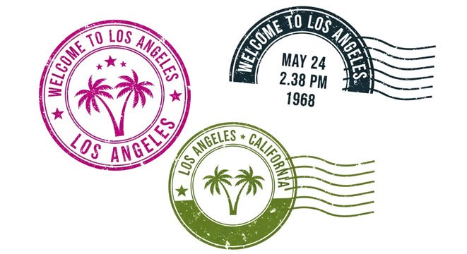 Vibrant Los Angeles welcome stamps featuring palm trees and city names from various dates and viewpoints