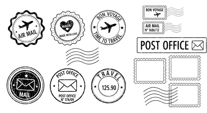 A collection of postage stamps and mail icons showcasing various designs and labels for postal services and air mail