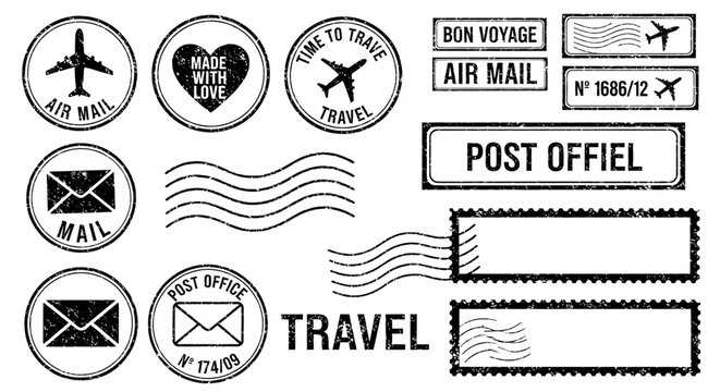 Vintage Travel Icons and Postage Stamps Illustration Featuring Airplanes and Hearts