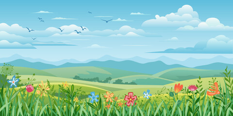 Spring summer landscape, blooming meadow and green hills, cartoon vector illustration © Valerii