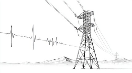 Power Lines and Pulse Graphs in Black and White Artistic Illustration