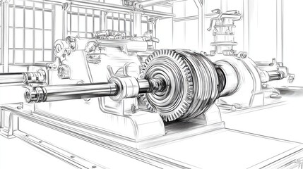 Detailed Industrial Machinery Diagram in Black and White Sketch Form