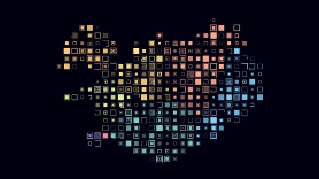 Iceland map animation. Shape of the country with pulsating colored dots. Large size square blocks. Digital style Iceland map on dark background. Vibrant video.