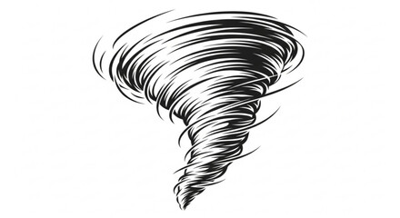 A swirling black tornado illustration with dynamic lines on white background conveying intense weather and natural disaster concepts