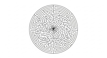 Circular maze with intricate paths and a central point black lines on white background puzzle design