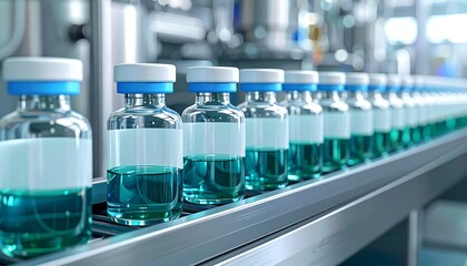 Pharmaceutical production line with glass vials filled with blue-green liquid, sealed with blue caps, moving along conveyor belt in sterile industrial environment with machinery, symbolizing precision