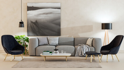 Naklejka premium Large luxury modern bright interiors Living room mockup illustration 3D rendering Digitally Generated Image