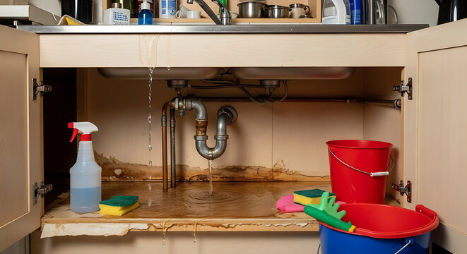 Internal plumbing failure showing a leaking metal pipe under a kitchen sink basin resulting in domestic water damage and flooding puddle near household cleaning supplies and spray bottles.