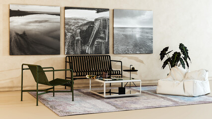 Fototapeta premium Large luxury modern bright interiors Living room mockup illustration 3D rendering Digitally Generated Image