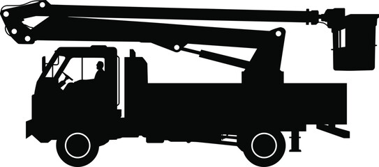 Bucket truck silhouette with worker, utility service vehicle vector illustration, maintenance equipment for electrical repair, construction, power line service and industrial work concept © Gita