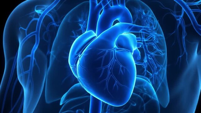 A detailed 3D render of a human heart with coronary arteries and veins, presented on a dark background with blue tones. Perfect for medical presentations, educational materials, and