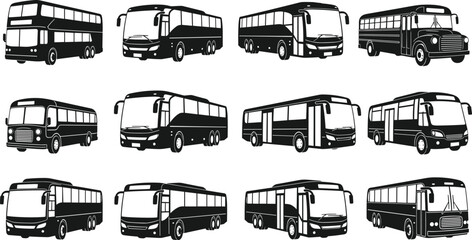 Bus silhouettes collection isolated on white background, city transport coaches and vintage buses in multiple views, black public transportation vector illustration set © Gita