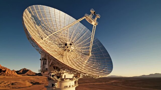 Large satellite dish in a desert landscape at dusk.