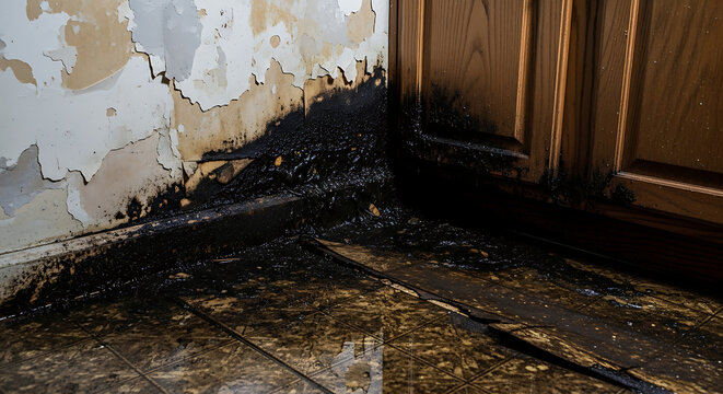 Severe moisture infiltration causing toxic black mold proliferation on kitchen drywall and wooden floor near cabinet base indicating major plumbing leak and structural water damage deterioration.