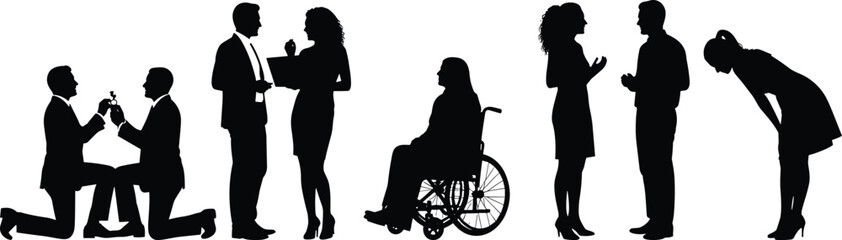 Business and relationship silhouettes showing proposal discussion greeting respect disagreement and wheelchair inclusion, diverse human interactions isolated on white background, © Gita