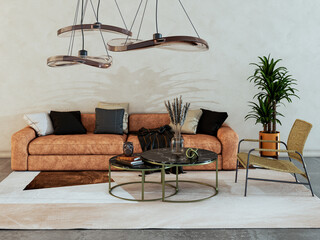 Naklejka premium Large luxury modern bright interiors Living room mockup illustration 3D rendering Digitally Generated Image