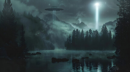 UFO hovering above dark forest with light beam