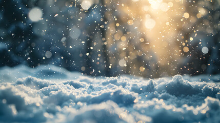 Winter snowfall with golden sunlight bokeh background