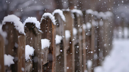 Snow covered wooden fence during winter snowfall