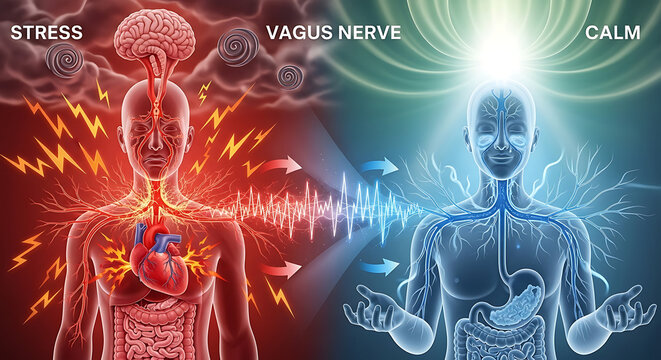 Artistic medical illustration depicting human vagus nerve activation transitioning from sympathetic stress response to parasympathetic calm state with neural pathway signals and glow.