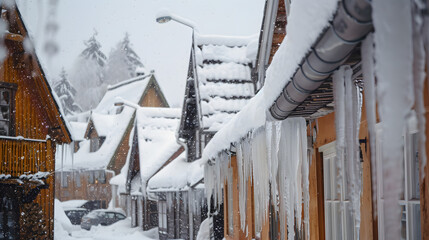 Snow covered houses along winter residential street