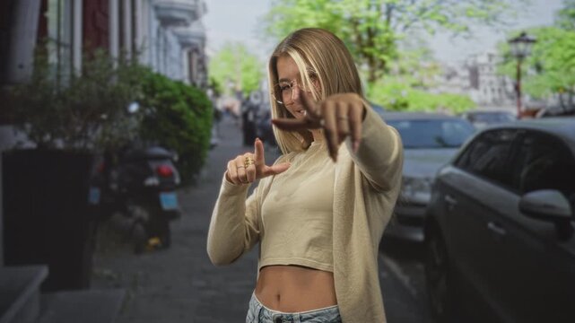 Young woman blonde wearing glasses points fingers at camera framing and showing midriff on street; playful confidence.