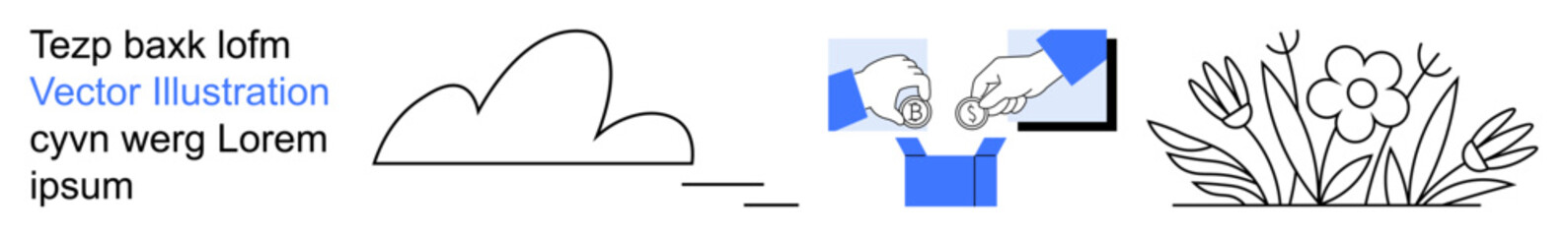 Naklejka premium Nature, environment, economy, savings, philanthropy, growth. A cloud outline, hands adding coins to a box and a flower garden. Nature and economy concepts together