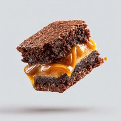A chocolate brownie sandwich with gooey caramel filling, suspended mid-air