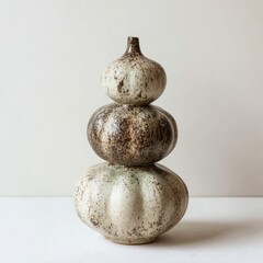 Three stacked ceramic gourds with speckled, earthy tones