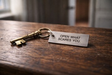 Open What Scares You Motivational Key Message on Wooden Table