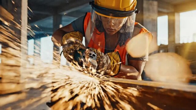 Focused Construction Worker Grinding Metal Beam with Protective Gear in Bright Sunlight on Building Site
