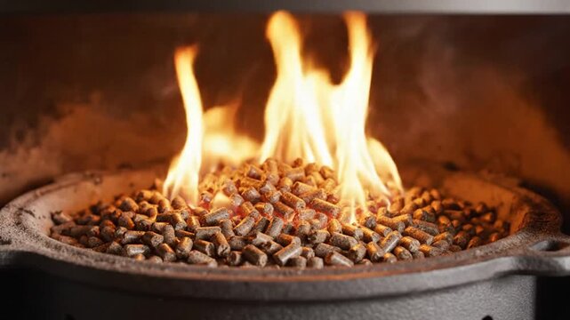 Close-up of wood pellets burning in a cast iron fire pit creating a warm and inviting atmosphere
