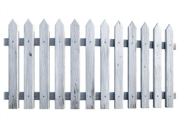 A weathered white picket fence on a plain white background