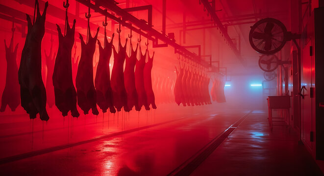Industrial meat processing plant interior with hanging carcass in foggy atmosphere and red ambient light for cold chain supply logistics in professional slaughterhouse facility
