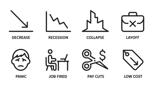 Minimalist economic downturn financial hardship icon set variations