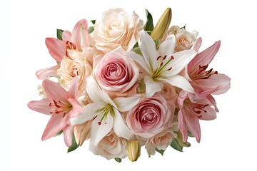 Delicate arrangement of blush pink roses and white lilies