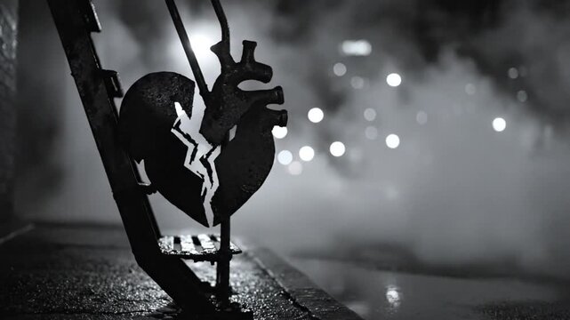 Black and white shot of a broken heart sculpture on a bench at night with bokeh in the background
