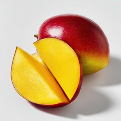 Vibrant ripe mango, whole and sliced, showcasing golden flesh against white