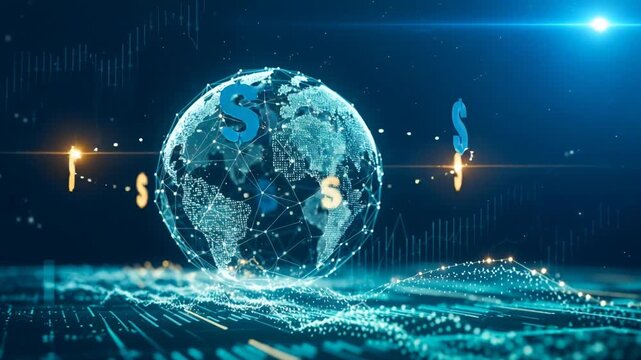 Luminous digital globe surrounded by floating dollar symbols representing global investment flows, financial markets and international capital movement.