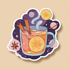 A steaming celestial mug with orange slices, cinnamon, star anise, and planets