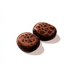 Two glossy brown candies with dark speckles and shadows