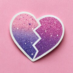 Glittery broken heart sticker with pink to purple gradient and star accents