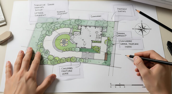 Artistic landscape architecture blueprint showing garden planning with lush tree and stone pathway outdoor design creativity for backyard green spaces and park development sketch