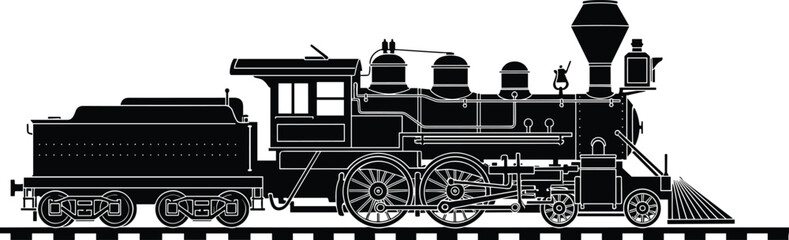 Black vintage steam locomotive vector illustration, classic railway train engine side view, industrial transportation history, retro steam power silhouette design © Samol
