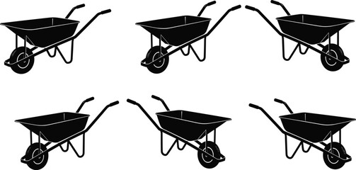 Black wheelbarrow silhouette icon set, garden and construction hand cart tools collection, industrial transport equipment, flat vector illustration isolated on white background © Samol